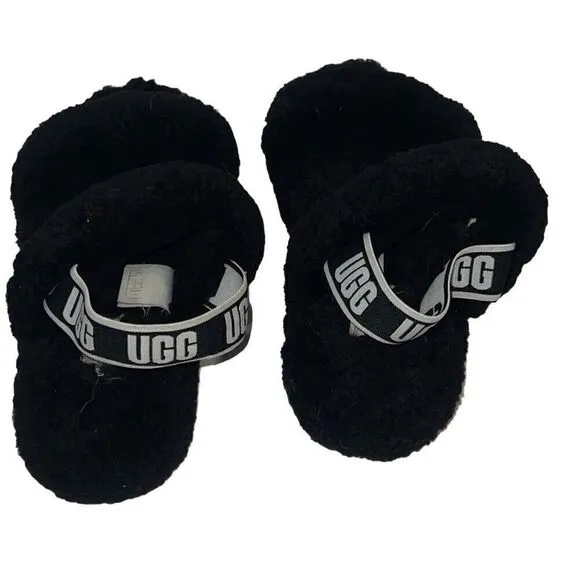 Ugg Oh Yeah Black Sandals Girls sz 3 Strappy Sheepskin Logo Spell out Cozy