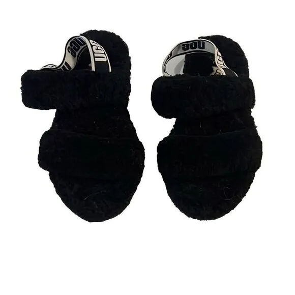 Ugg Oh Yeah Black Sandals Girls sz 3 Strappy Sheepskin Logo Spell out Cozy