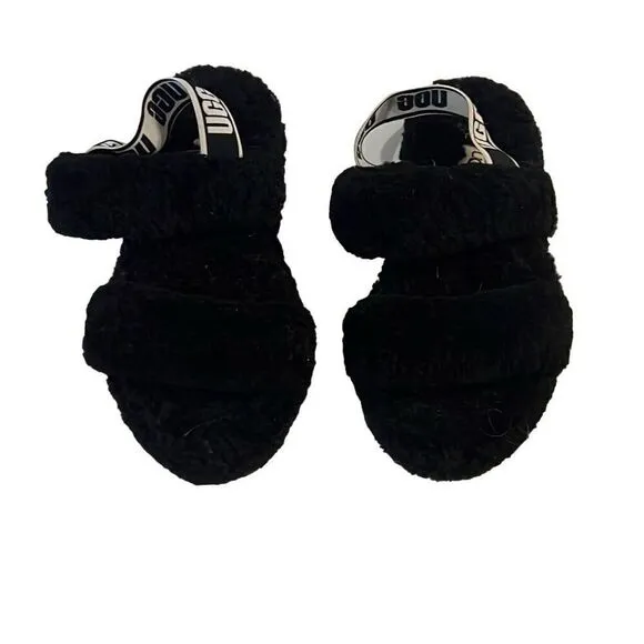 Ugg Oh Yeah Black Sandals Girls sz 3 Strappy Sheepskin Logo Spell out Cozy