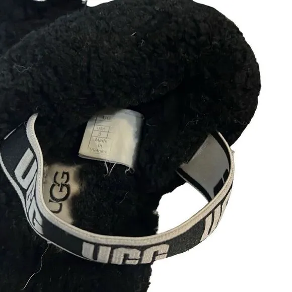 Ugg Oh Yeah Black Sandals Girls sz 3 Strappy Sheepskin Logo Spell out Cozy
