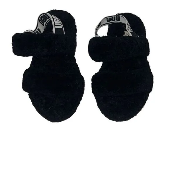 Ugg Oh Yeah Black Sandals Girls sz 3 Strappy Sheepskin Logo Spell out Cozy