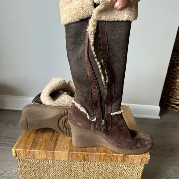 UGG Sandra brown suede riding boots with wedge heel, size 8