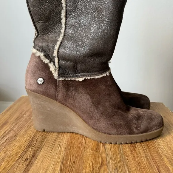 UGG Sandra brown suede riding boots with wedge heel, size 8