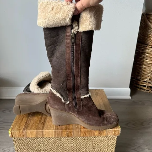 UGG Sandra brown suede riding boots with wedge heel, size 8