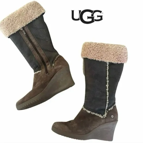 UGG Sandra brown suede riding boots with wedge heel, size 8