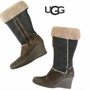 UGG Sandra brown suede riding boots with wedge heel, size 8