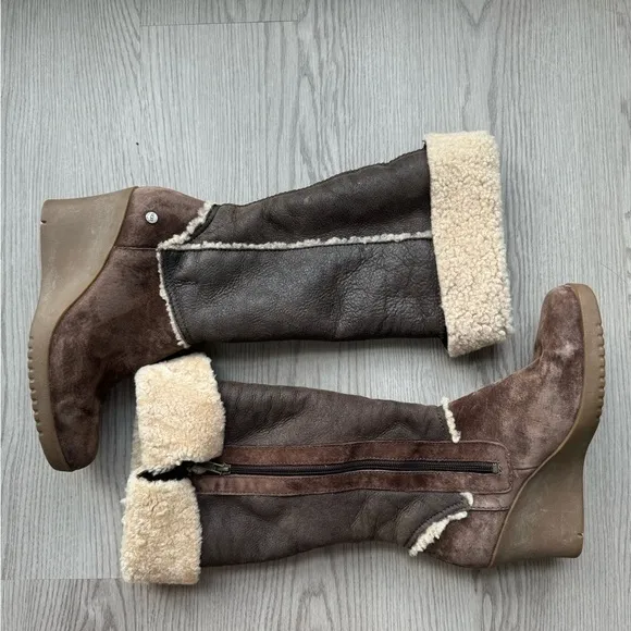 UGG Sandra brown suede riding boots with wedge heel, size 8