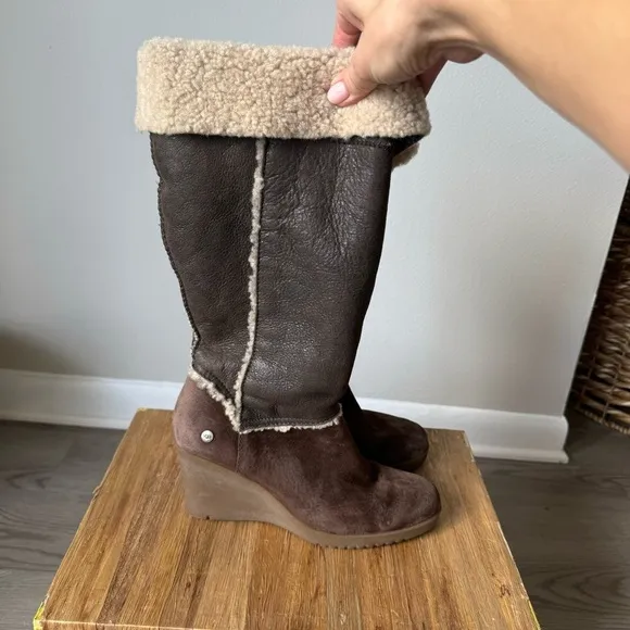 UGG Sandra brown suede riding boots with wedge heel, size 8