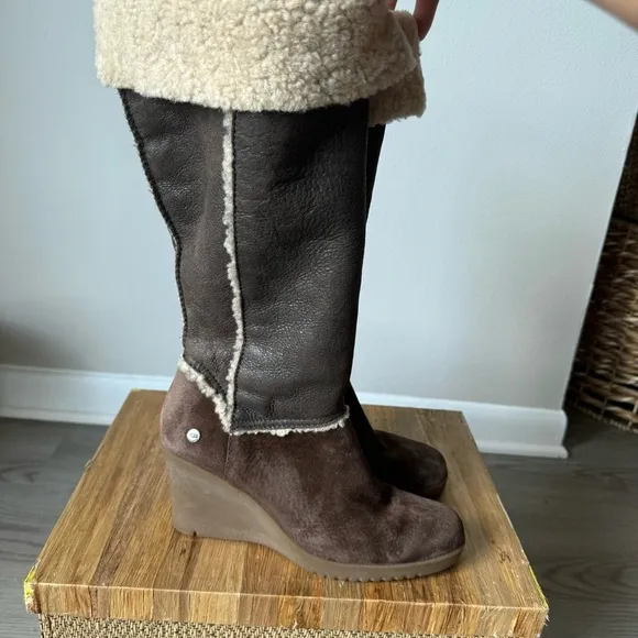 UGG Sandra brown suede riding boots with wedge heel, size 8