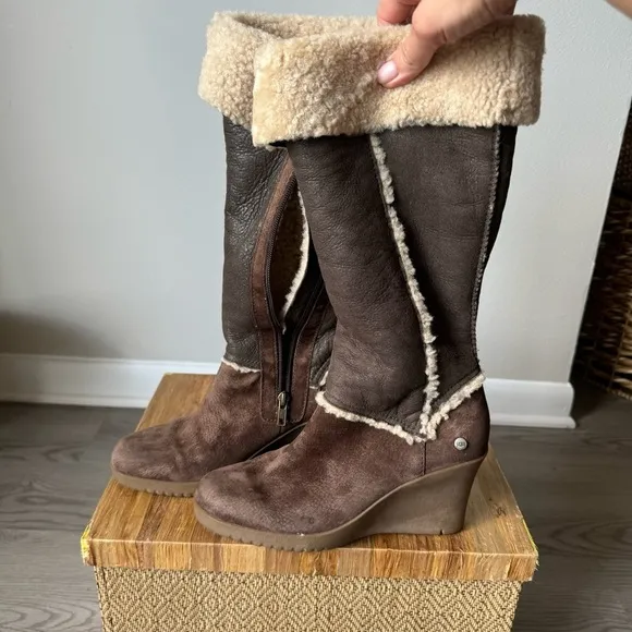 UGG Sandra brown suede riding boots with wedge heel, size 8