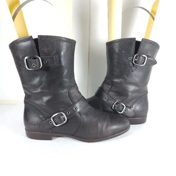 UGG Women's Frances US 7,5 Brown Leather Buckle Riding Moto Boots