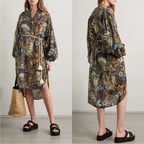 Ulla Johnson Agadir Belted Cotton Blend Printed Voile Dress Earth Tone Swim