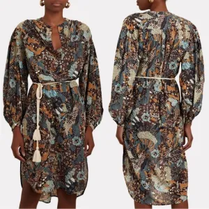 Ulla Johnson Agadir Belted Cotton Blend Printed Voile Dress Earth Tone Swim