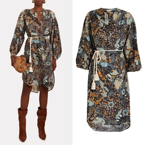 Ulla Johnson Agadir Belted Cotton Blend Printed Voile Dress Earth Tone Swim
