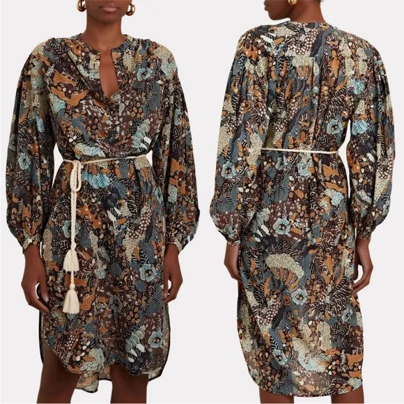 Ulla Johnson Agadir Belted Cotton Blend Printed Voile Dress Earth Tone Swim