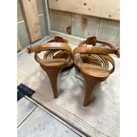 US10.5 Tory Burch Tan Brown &amp; Gold Strappy Stiletto Sandals Leather