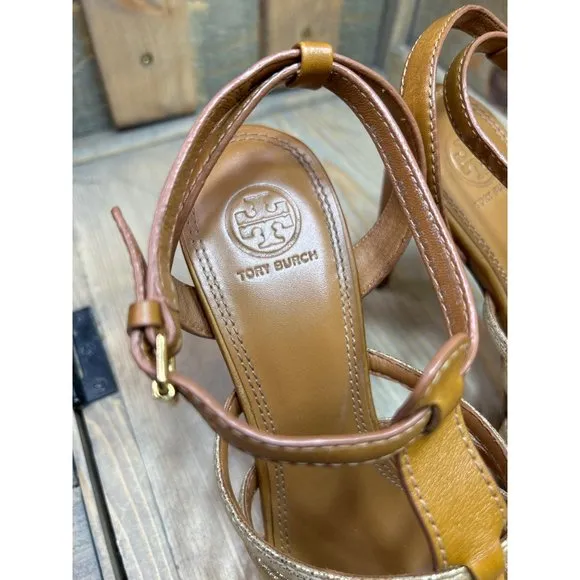 US10.5 Tory Burch Tan Brown &amp; Gold Strappy Stiletto Sandals Leather