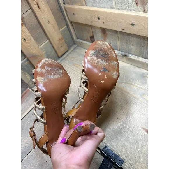 US10.5 Tory Burch Tan Brown &amp; Gold Strappy Stiletto Sandals Leather