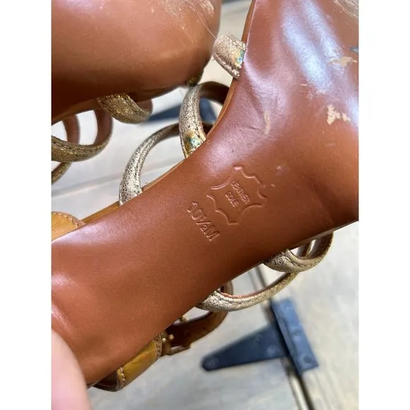 US10.5 Tory Burch Tan Brown &amp; Gold Strappy Stiletto Sandals Leather