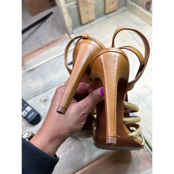 US10.5 Tory Burch Tan Brown &amp; Gold Strappy Stiletto Sandals Leather