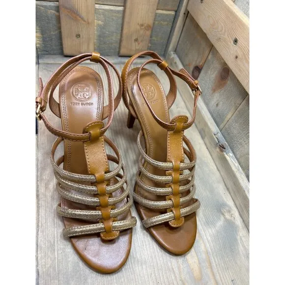US10.5 Tory Burch Tan Brown &amp; Gold Strappy Stiletto Sandals Leather