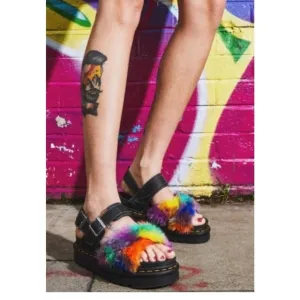 Used Dr. Martens VOSS II FLUFFY FAUX FUR LEATHER STRAP SANDALS Sz 8