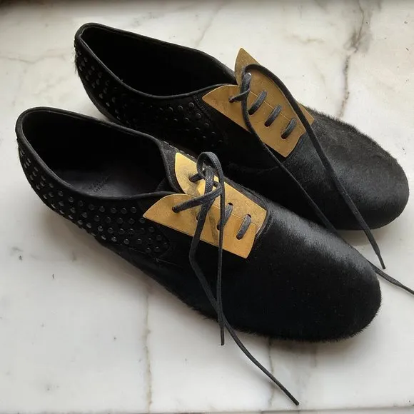 VALAS Hair On Black Laced Loafers with Gold metal Trim Lace Panel