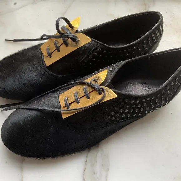 VALAS Hair On Black Laced Loafers with Gold metal Trim Lace Panel