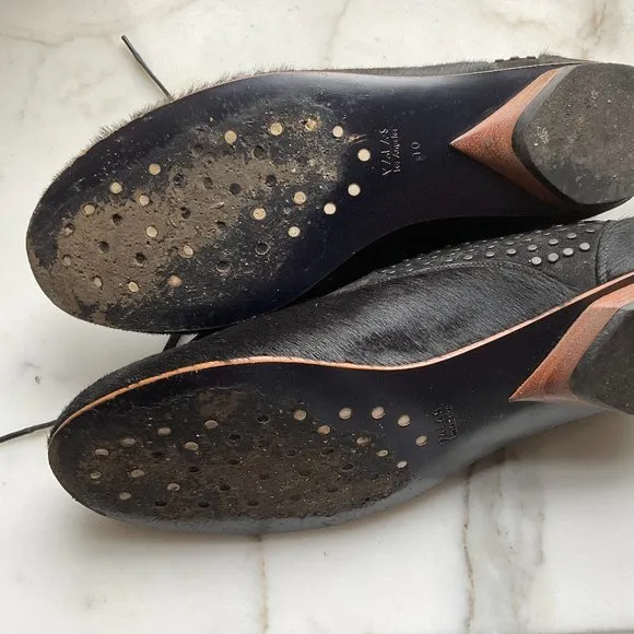 VALAS Hair On Black Laced Loafers with Gold metal Trim Lace Panel