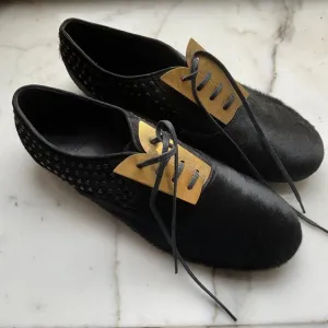 VALAS Hair On Black Laced Loafers with Gold metal Trim Lace Panel