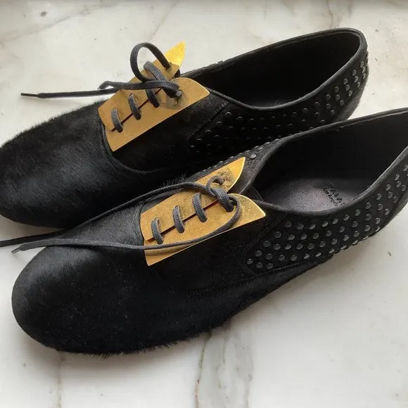 VALAS Hair On Black Laced Loafers with Gold metal Trim Lace Panel