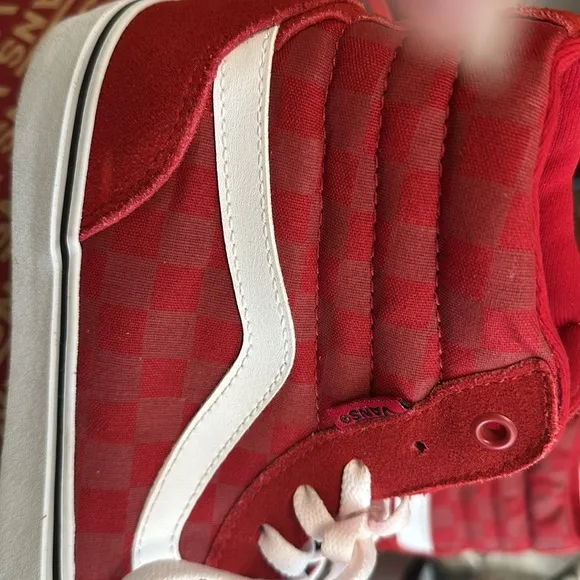 Vans-Checkered High Tops Men’s Size 9 Red  White Off The Wall Sneakers w…