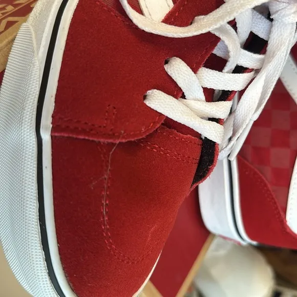 Vans-Checkered High Tops Men’s Size 9 Red  White Off The Wall Sneakers w…