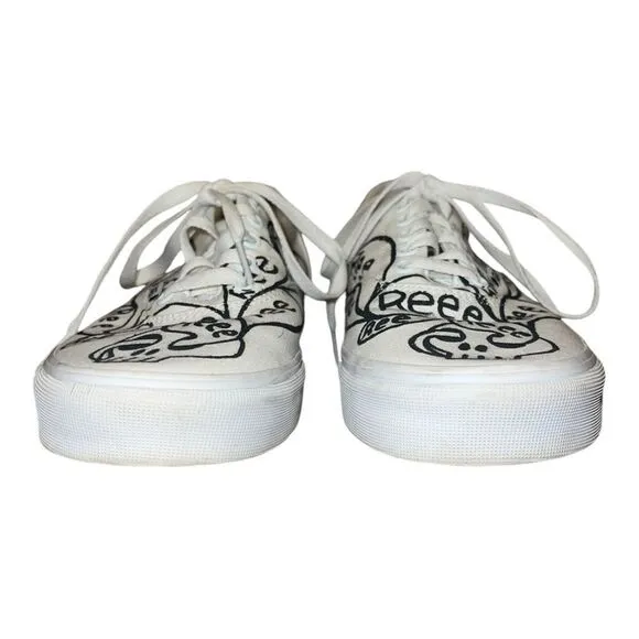 Vans Mens Custom Painted Low Top Sneakers Ree Skeletons White Black 9.5 EUC