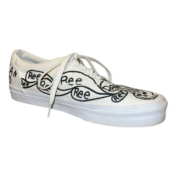Vans Mens Custom Painted Low Top Sneakers Ree Skeletons White Black 9.5 EUC