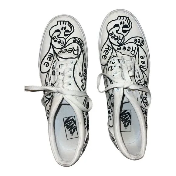 Vans Mens Custom Painted Low Top Sneakers Ree Skeletons White Black 9.5 EUC