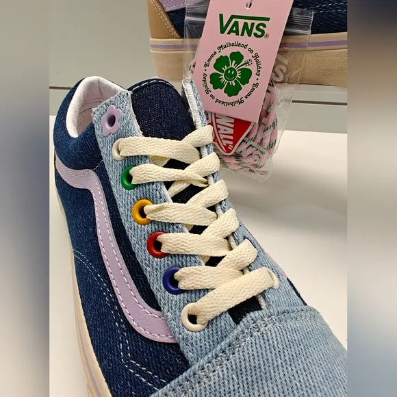 Vans OLD SKOOL EM ON HOLIDAY Denim Blue Flowers Multicolor Skateboard Sneakers