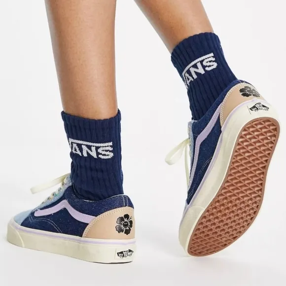 Vans OLD SKOOL EM ON HOLIDAY Denim Blue Flowers Multicolor Skateboard Sneakers