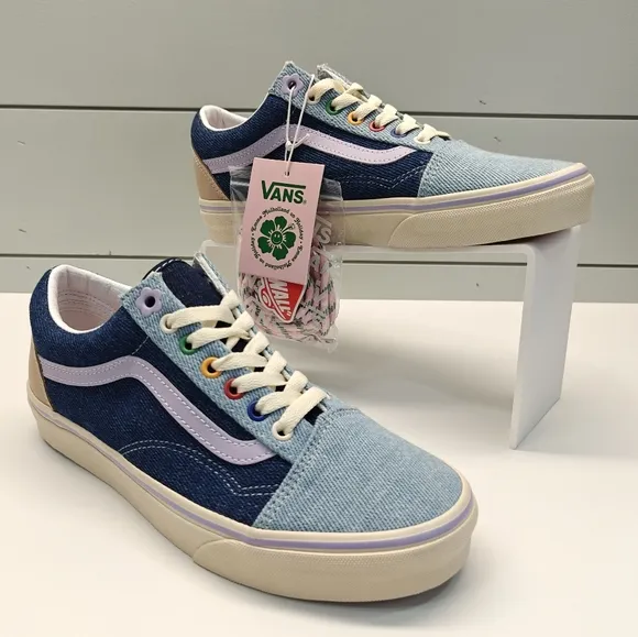 Vans OLD SKOOL EM ON HOLIDAY Denim Blue Flowers Multicolor Skateboard Sneakers
