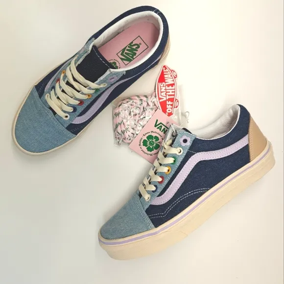 Vans OLD SKOOL EM ON HOLIDAY Denim Blue Flowers Multicolor Skateboard Sneakers