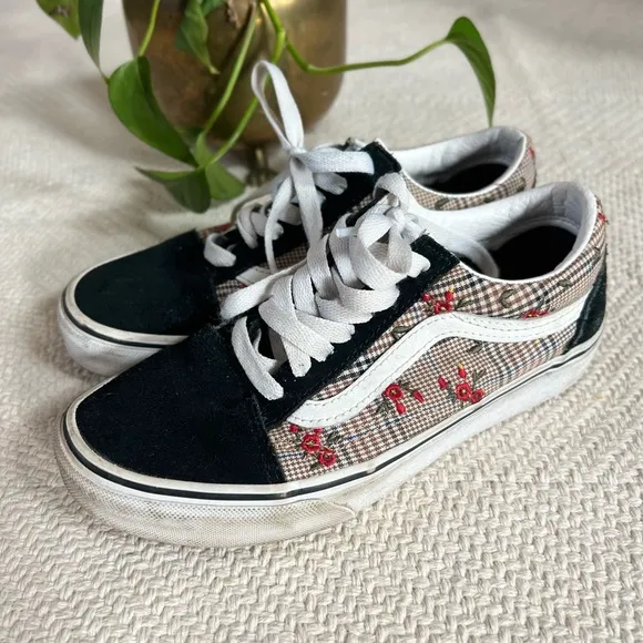 Vans Old Skool Glen Plaid Floral Embroidered Suede &amp; Canvas Sneakers