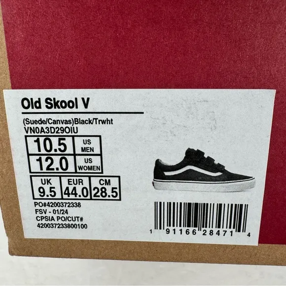 Vans Old Skool V Suede Canvas Black True White Sneakers Men's Size 10.5