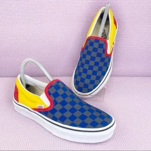 Vans OTW Rally Classic Slip On Sneakers Blue Gray Yellow Red Checkerboard