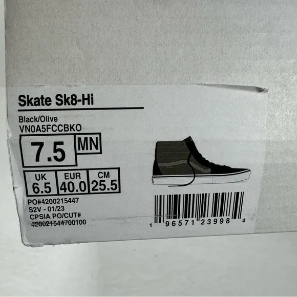 Vans Sk8-Hi Black Olive Sneakers Women’s Size 9 Men’s Size 7.5