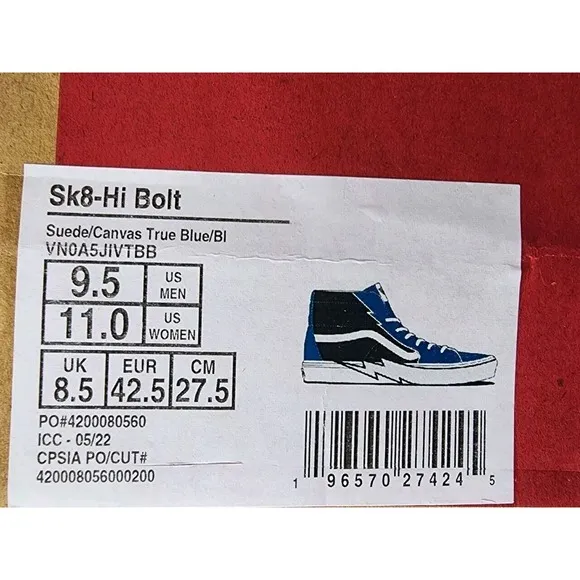 Vans Sk8-Hi Bolt Suede Canvas True Blue Black Size US 9.5 Men New VN0A5JIVTBB