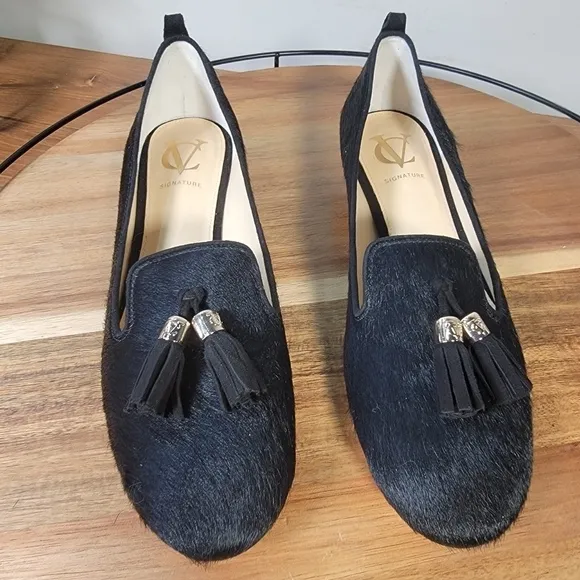 VC Signature Black Calf Hair Leather Tassel Loafers Size 8