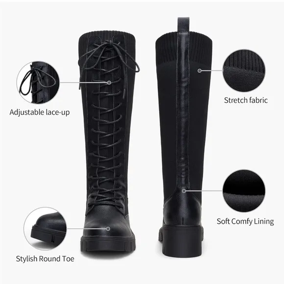 Vepose 953 Boots 9.5 Lace Up Platform Knee High Combat Bootie Stretch Retro New