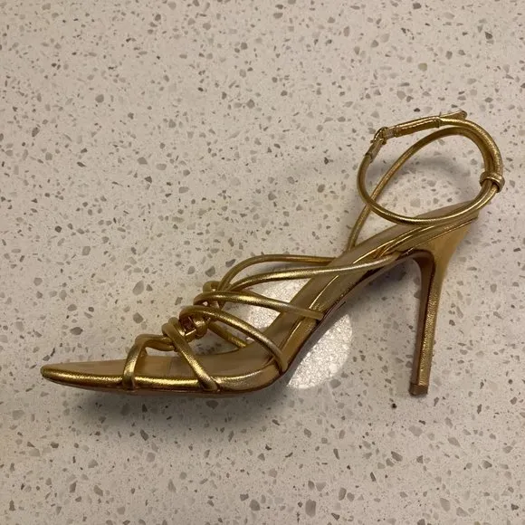 Veronica Beard Aneesha Leather Strappy Sandals Heels In Gold 8.5 Retail $395