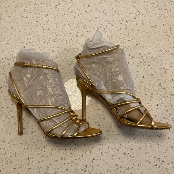 Veronica Beard Aneesha Leather Strappy Sandals Heels In Gold 8.5 Retail $395