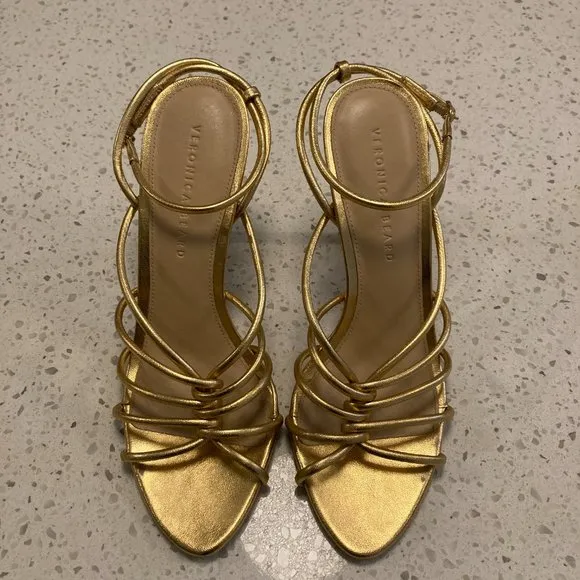 Veronica Beard Aneesha Leather Strappy Sandals Heels In Gold 8.5 Retail $395